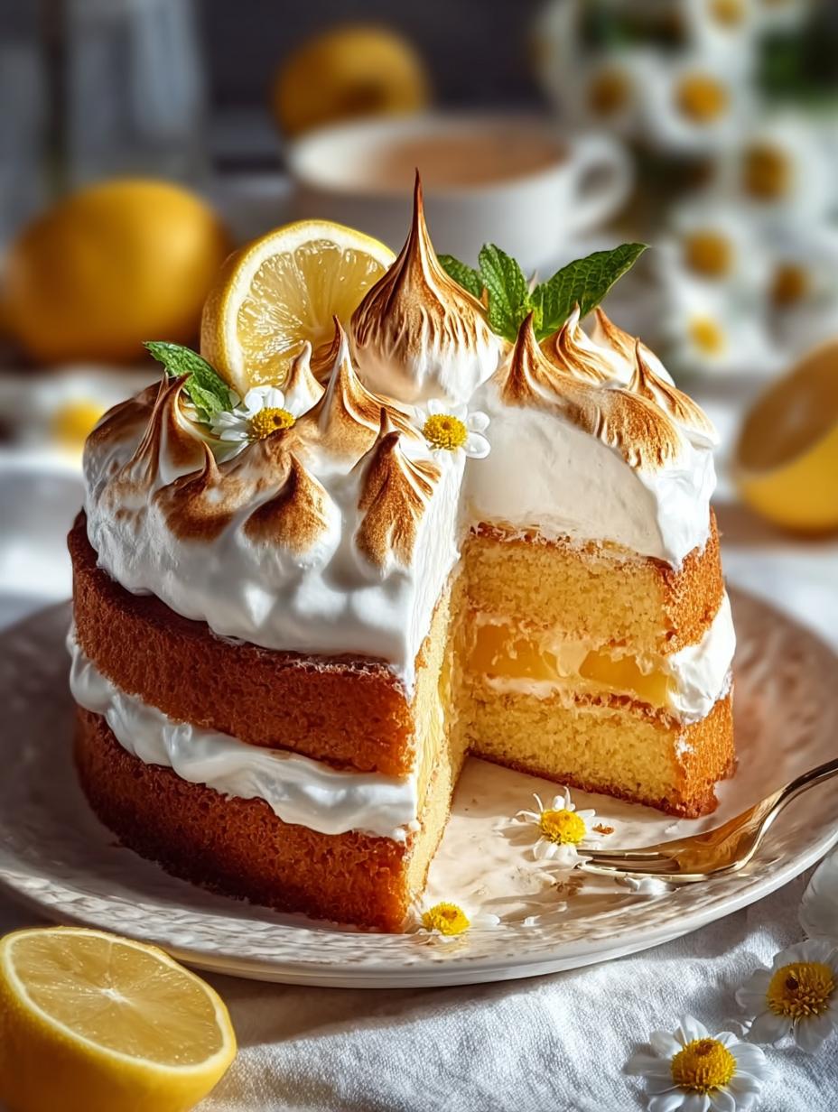 Zitronen Baiser Honigkuchen: 1 Hemel Cake Geheim - Een prachtig gesneden stuk Zitronen Baiser Honigkuchen met een perfect gebrande meringue topping, klaar om van te genieten.