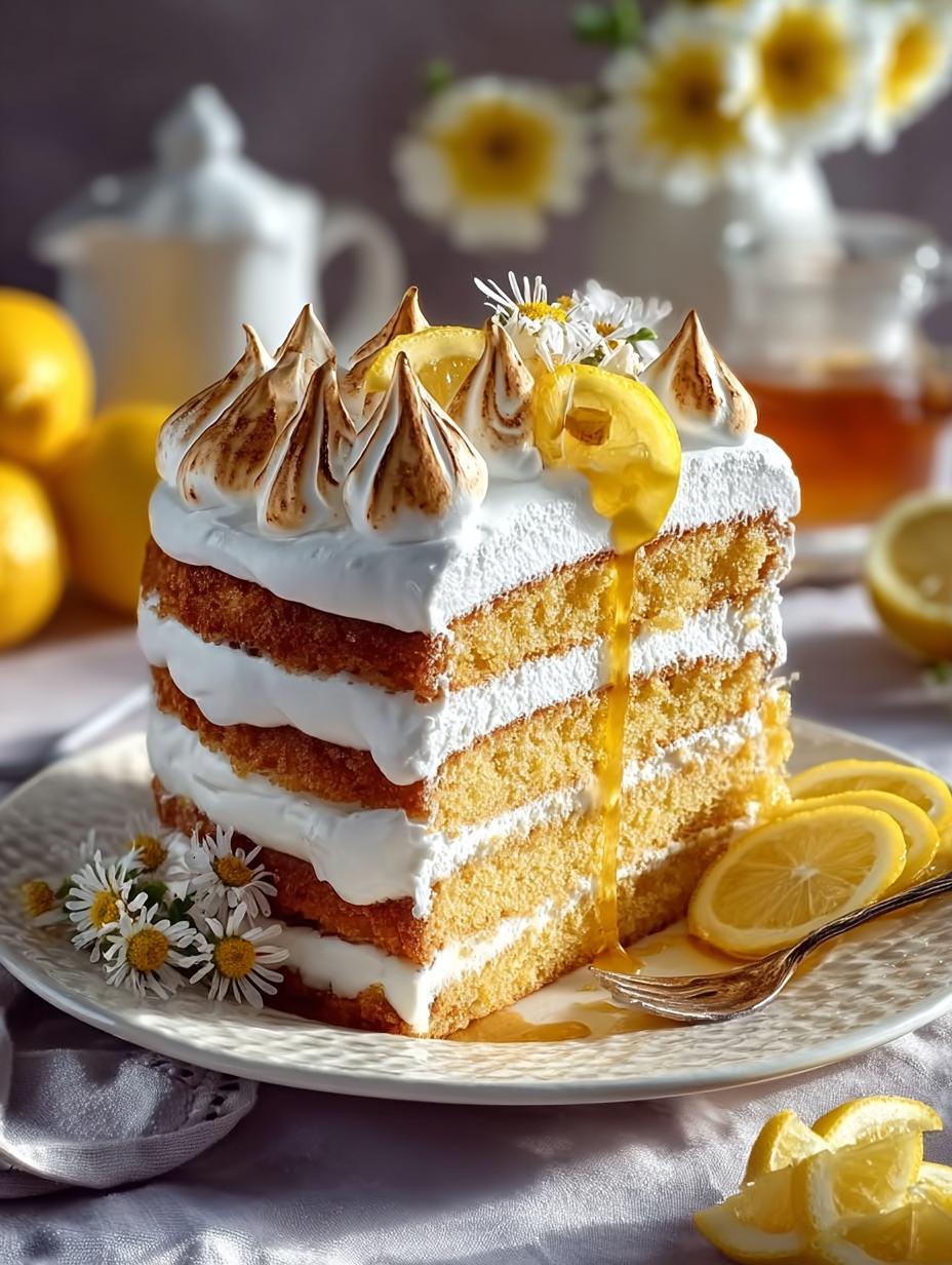 Zitronen Baiser Honigkuchen: 1 Hemel Cake Geheim - Een close-up van de perfect gebrande meringue op de Zitronen Baiser Honigkuchen, met een gouden gloed.